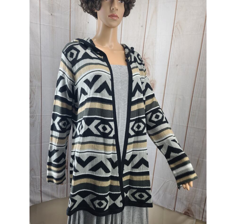 One World Women PXL Aztec Geometric Hooded Longline Cardigan Sweater